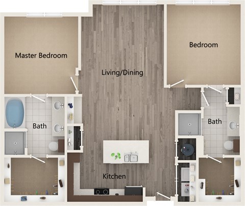 Floor plan for 2 beds, 2 baths, 1223 sqft